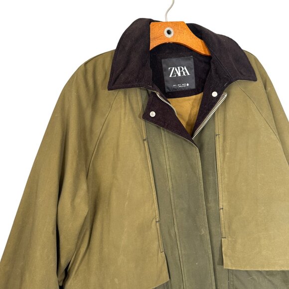 Zara Women's Green Waxed Canvas Jacket Chore Coat Corduroy Collar Oversized S - Picture 2 of 14